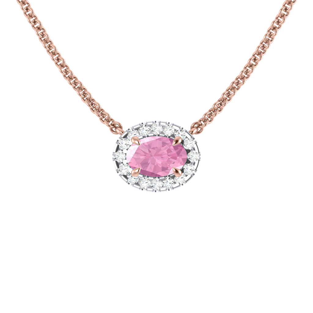 18K White Gold East West Set Oval Halo Pink Sapphire and Diamond Necklace  (6x4mm)