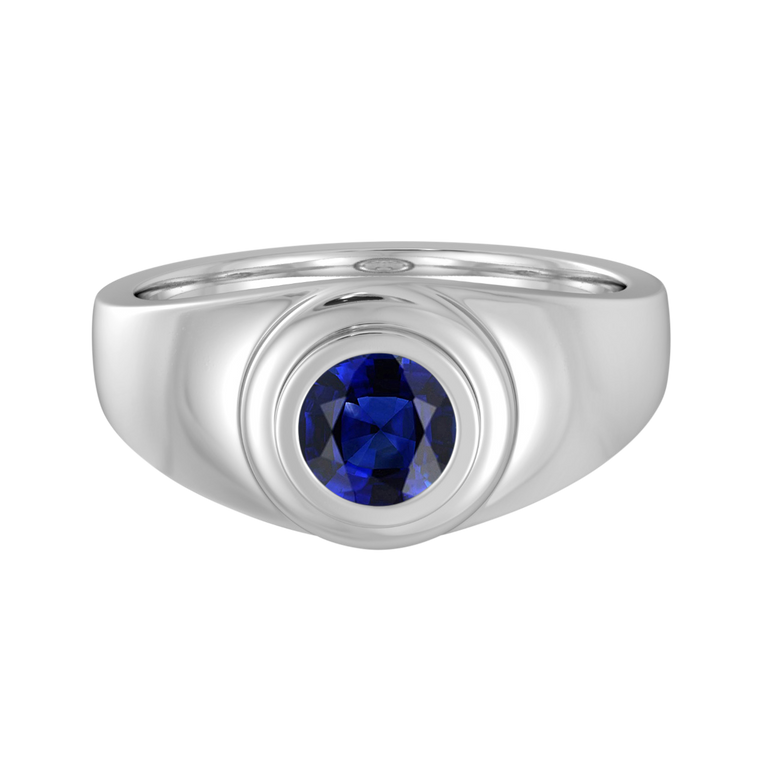 Signet Round Blue Sapphire 18K White Gold Ring