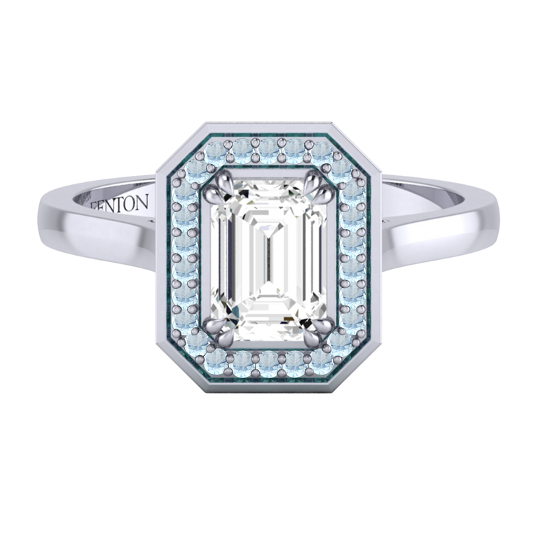 Solar Diamond Deco Emerald Cut Diamond and Aquamarine Platinum Ring