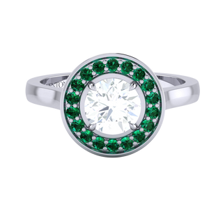 Solar Diamond Deco Round Cut Diamond and Emerald Platinum Ring