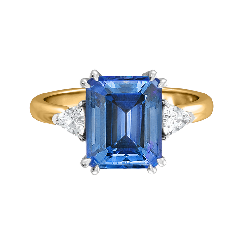 Trilogy Emerald Blue Sapphire 18K Yellow Gold Ring