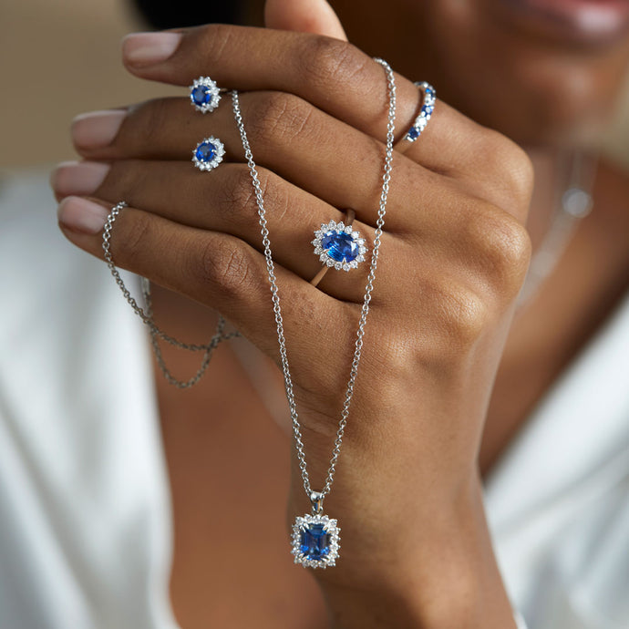 Blue Sapphire matching wedding jewellery set from fine gemstone jeweller Fenton