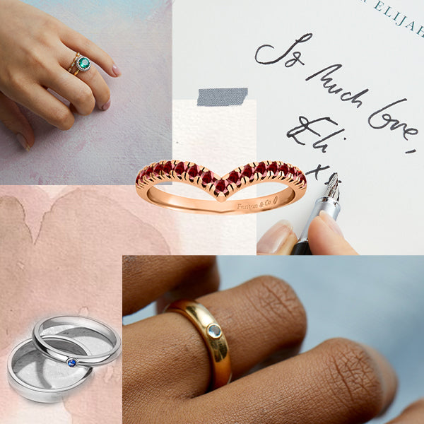 Fenton Ethical Gift Guide, Collage of images including gemstone rings, emerald, aquamarine and garnet.