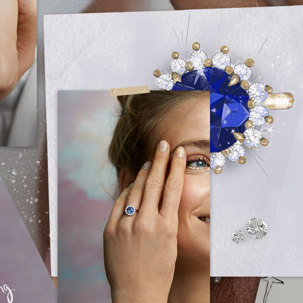 Collage of images feature sketches and photographs of The Star ring from Fenton - blue sapphire with a halo of diamonds.