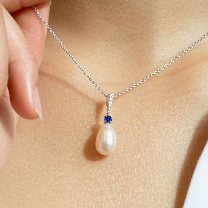Pearl Pendant Drop Necklace in Blue Sapphire with. 18kt White Gold from Fenton 