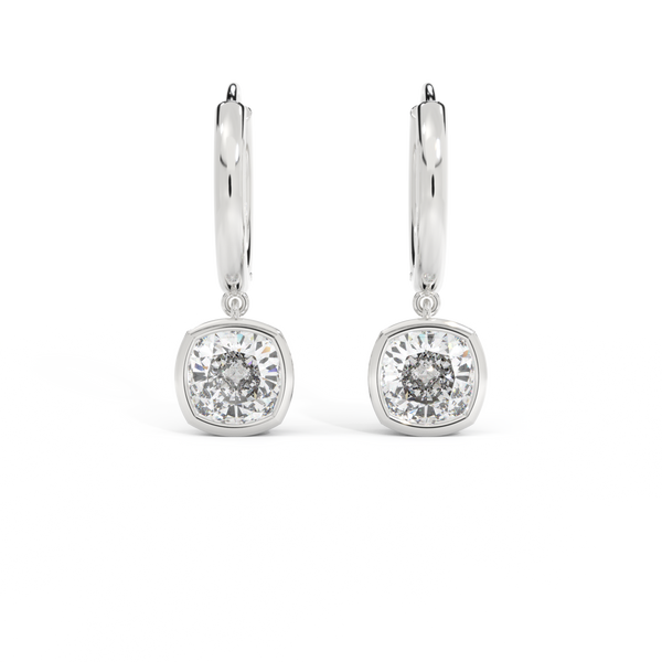 14k Bezel Drop Earrings, Cushion, White Gold