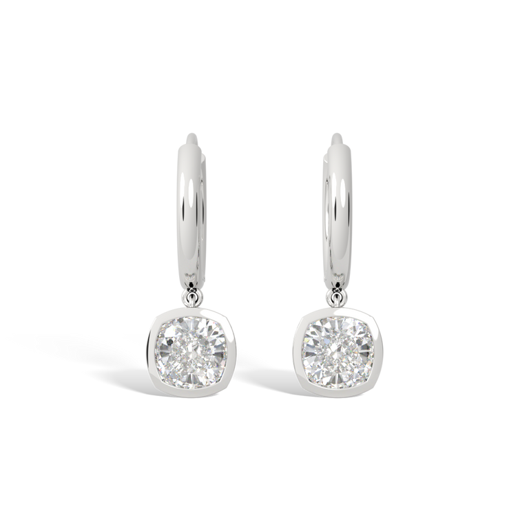 14k Bezel Drop Earrings, Cushion, White Gold