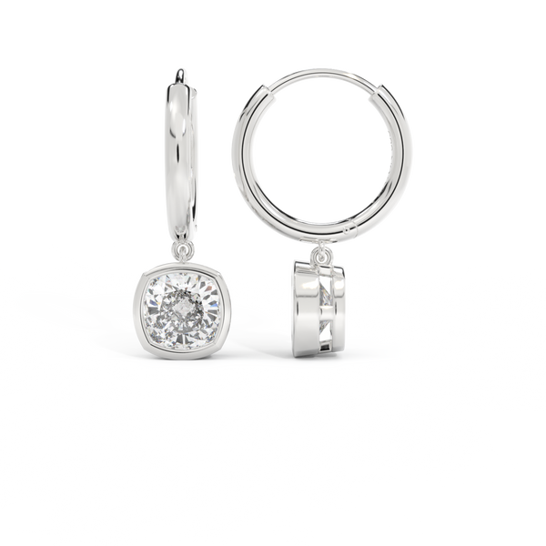 14k Bezel Drop Earrings, Cushion, White Gold