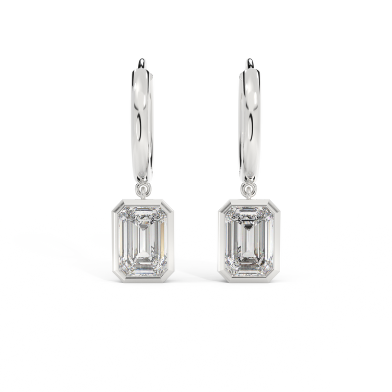 14k Bezel Drop Earrings, Emerald, White Gold