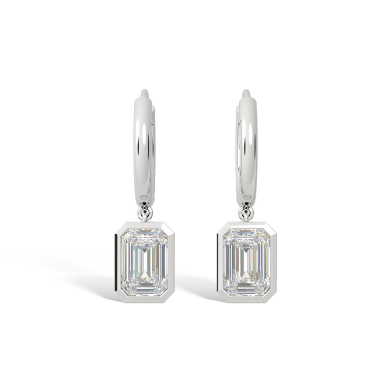 14k Bezel Drop Earrings, Emerald, White Gold