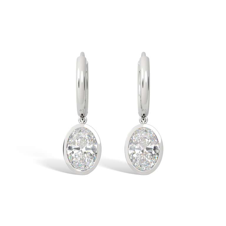 14k Bezel Drop Earrings, Oval, White Gold