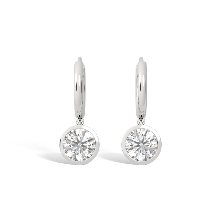 14k Bezel Drop Earrings, Round, White Gold