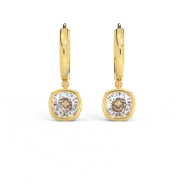14k Bezel Drop Earrings, Cushion, Yellow Gold