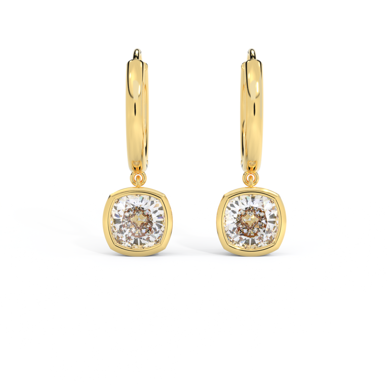 14k Bezel Drop Earrings, Cushion, Yellow Gold