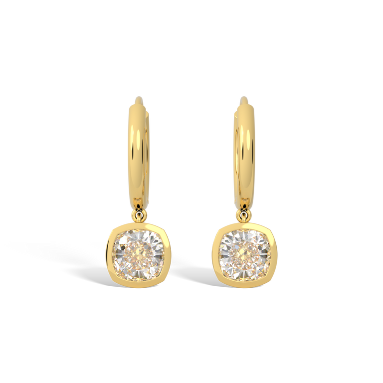 14k Bezel Drop Earrings, Cushion, Yellow Gold