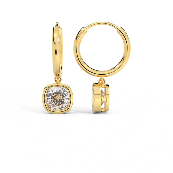 14k Bezel Drop Earrings, Cushion, Yellow Gold