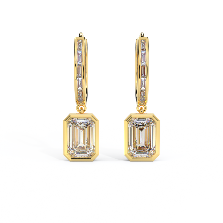 14k Bezel Drop Earrings, Emerald, Yellow Gold