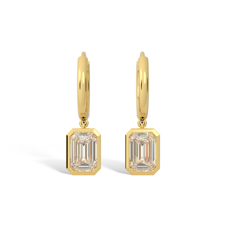 14k Bezel Drop Earrings, Emerald, Yellow Gold