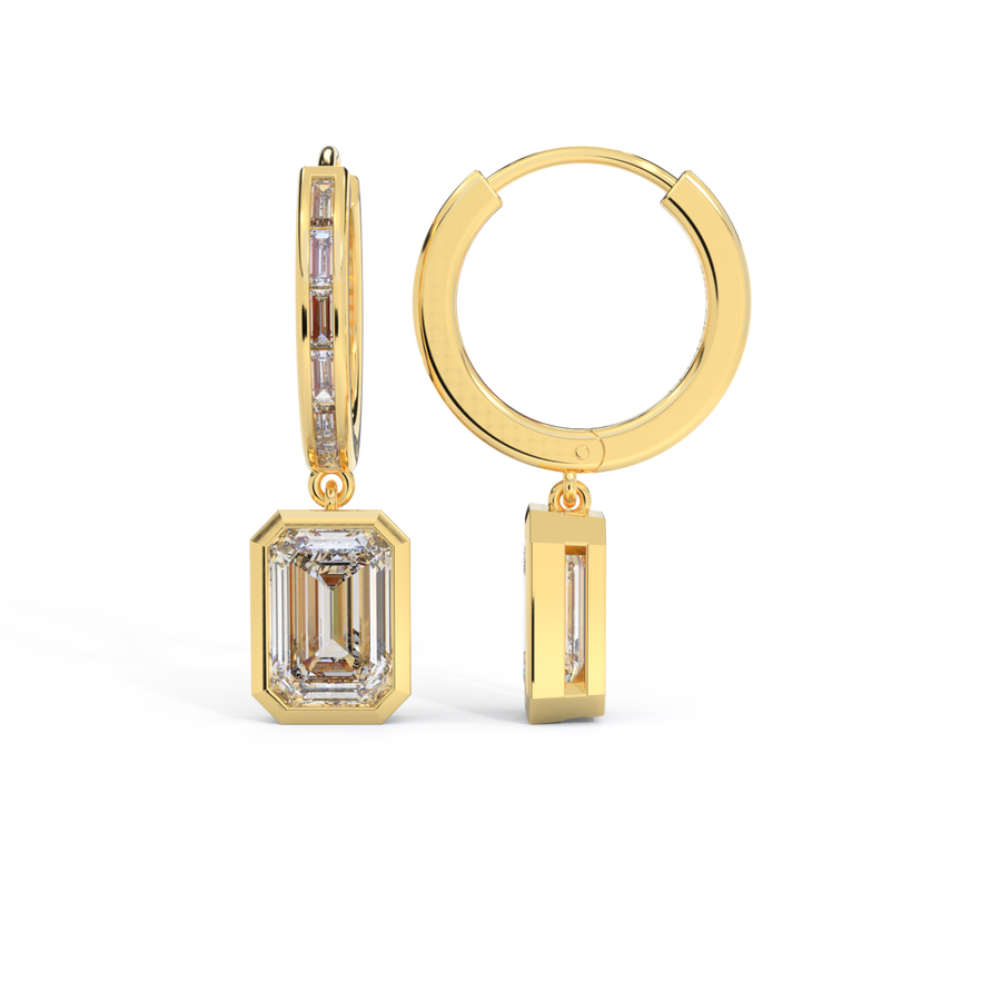 14k Bezel Drop Earrings, Emerald, Yellow Gold