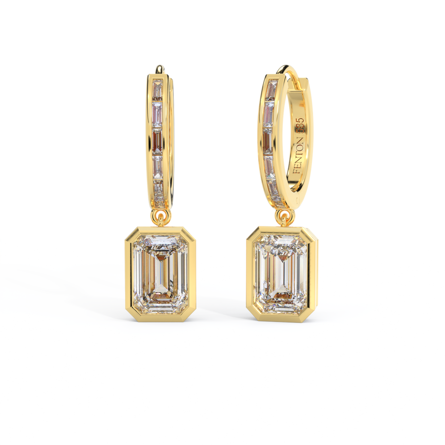 14k Bezel Drop Earrings, Emerald, Yellow Gold