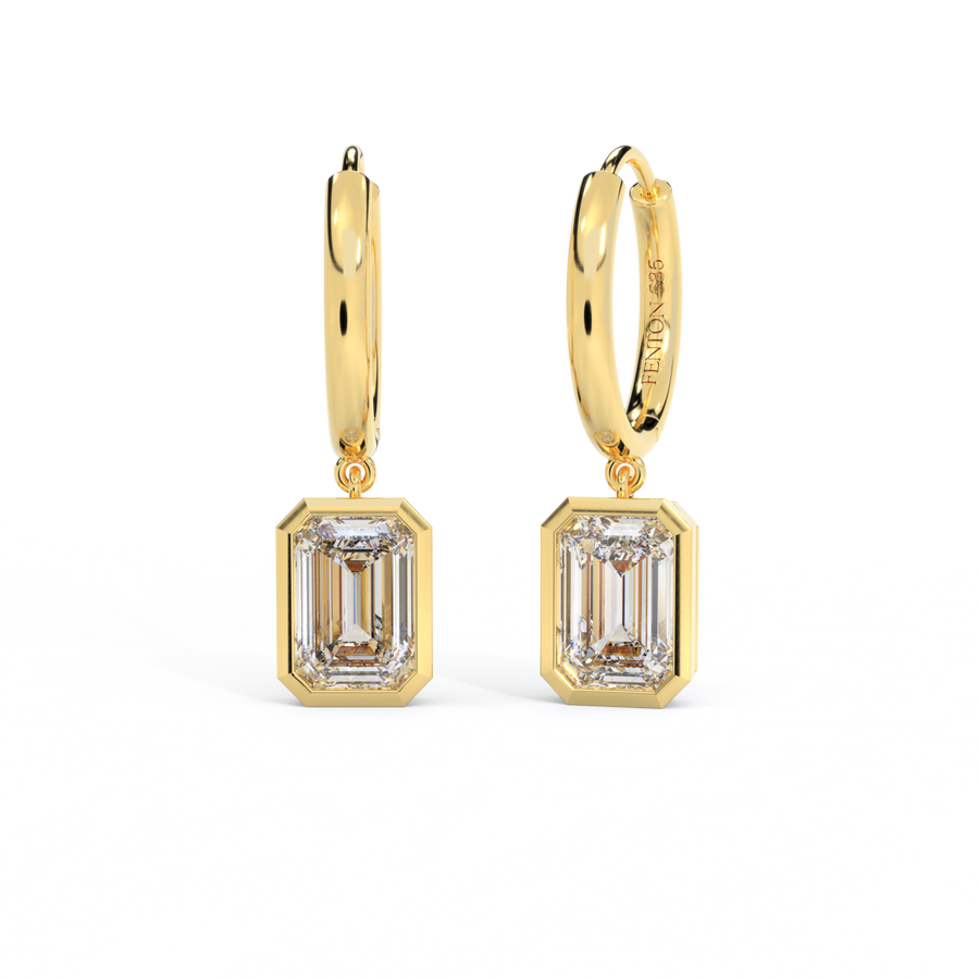 14k Bezel Drop Earrings, Emerald, Yellow Gold