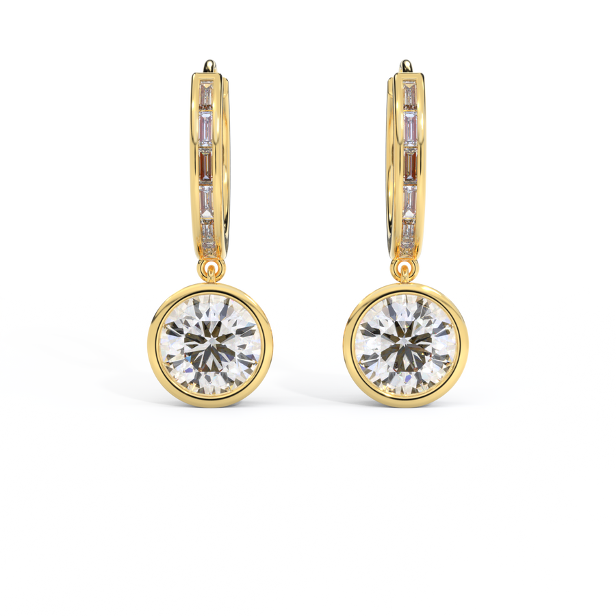 14k Bezel Drop Earrings, Round, Yellow Gold