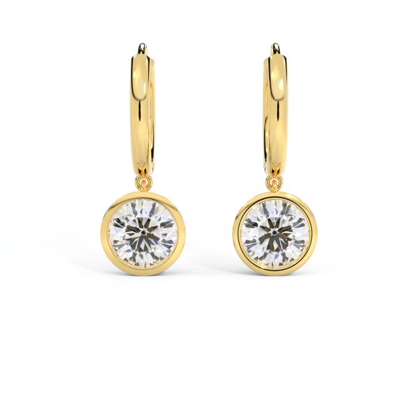 14k Bezel Drop Earrings, Round, Yellow Gold