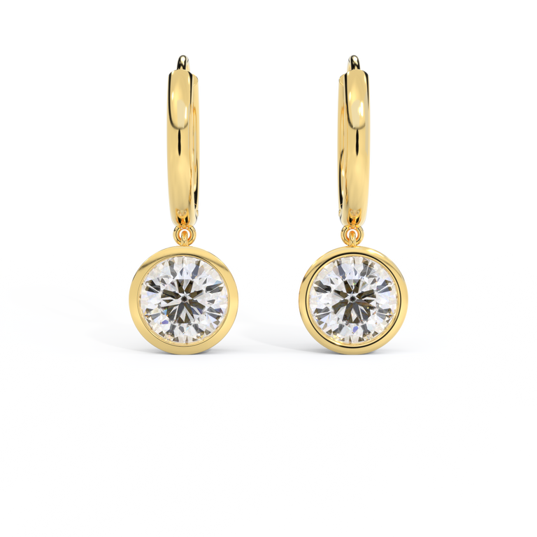 14k Bezel Drop Earrings, Round, Yellow Gold