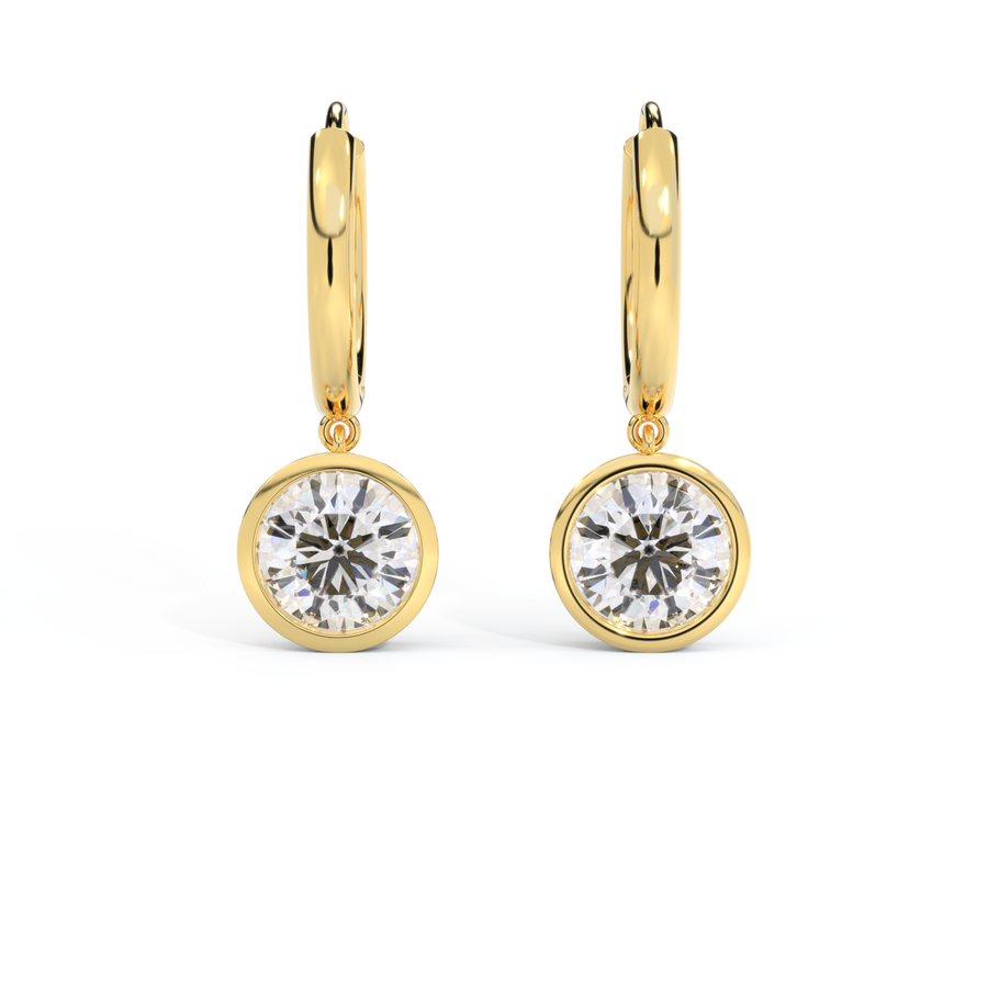 14k Bezel Drop Earrings, Round, Yellow Gold