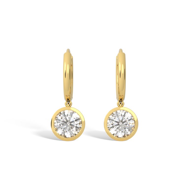 14k Bezel Drop Earrings, Round, Yellow Gold