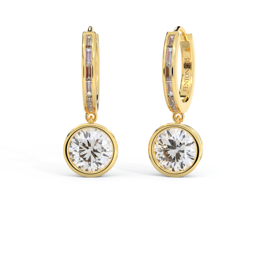 14k Bezel Drop Earrings, Round, Yellow Gold