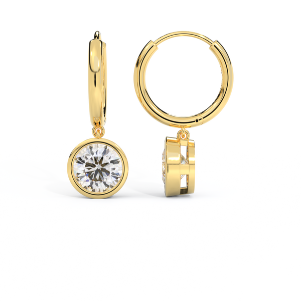 14k Bezel Drop Earrings, Round, Yellow Gold