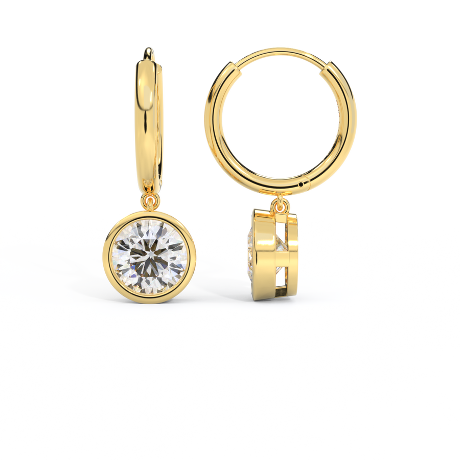 14k Bezel Drop Earrings, Round, Yellow Gold