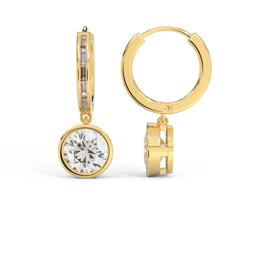 14k Bezel Drop Earrings, Round, Yellow Gold
