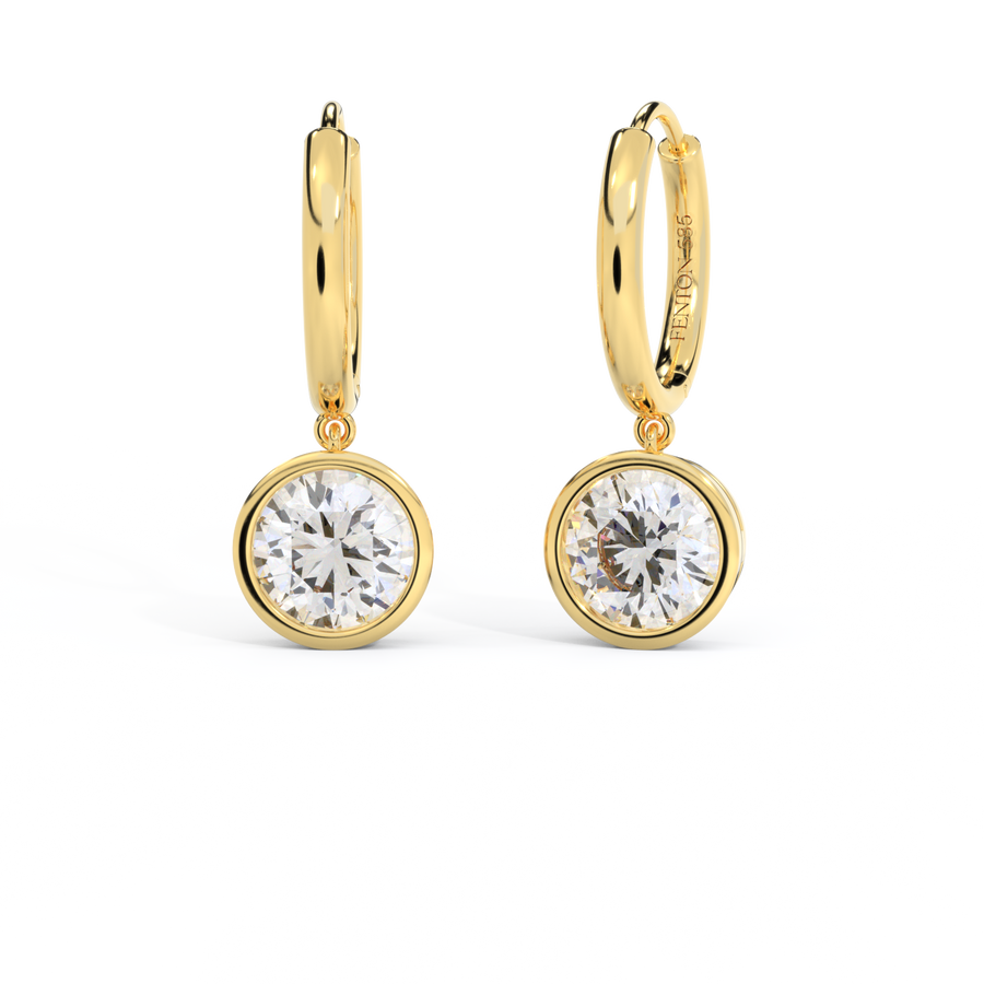 14k Bezel Drop Earrings, Round, Yellow Gold