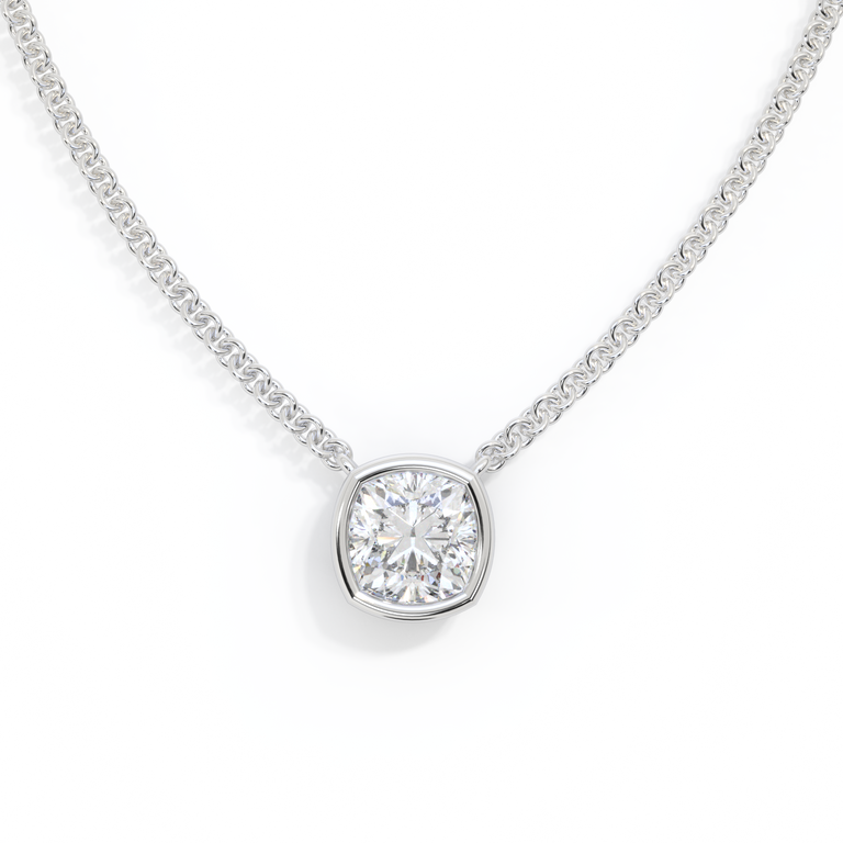 14k Bezel Necklace, Cushion, White Gold