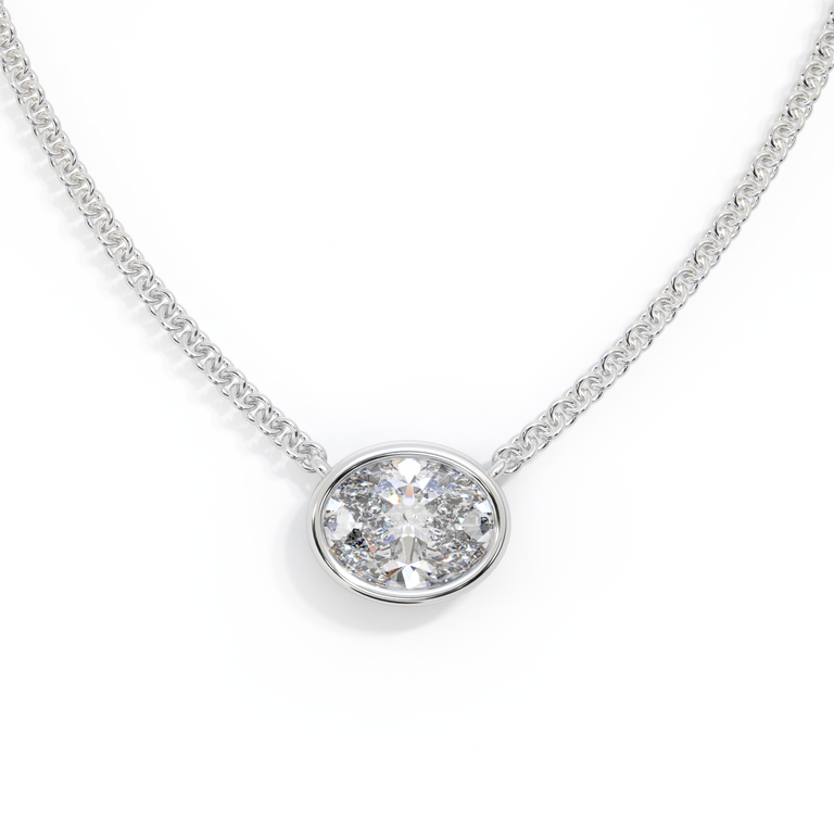 14k Bezel Necklace, Oval, White Gold