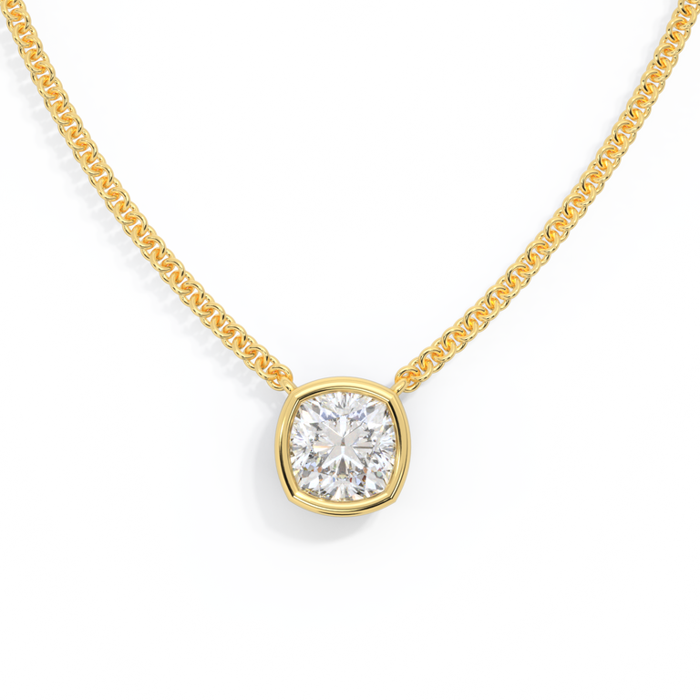 14k Bezel Necklace, Cushion, Yellow Gold