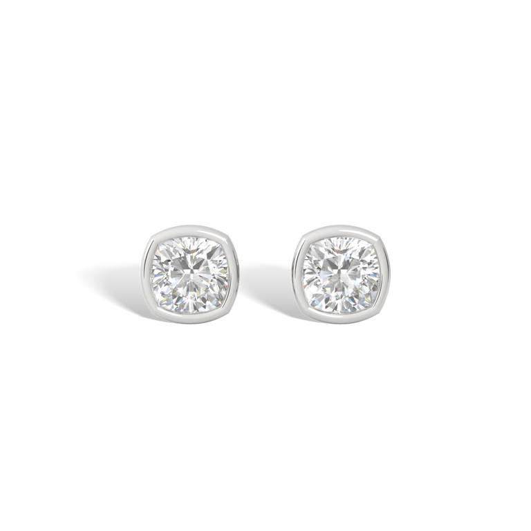 14k Bezel Stud Earrings, Cushion, White Gold