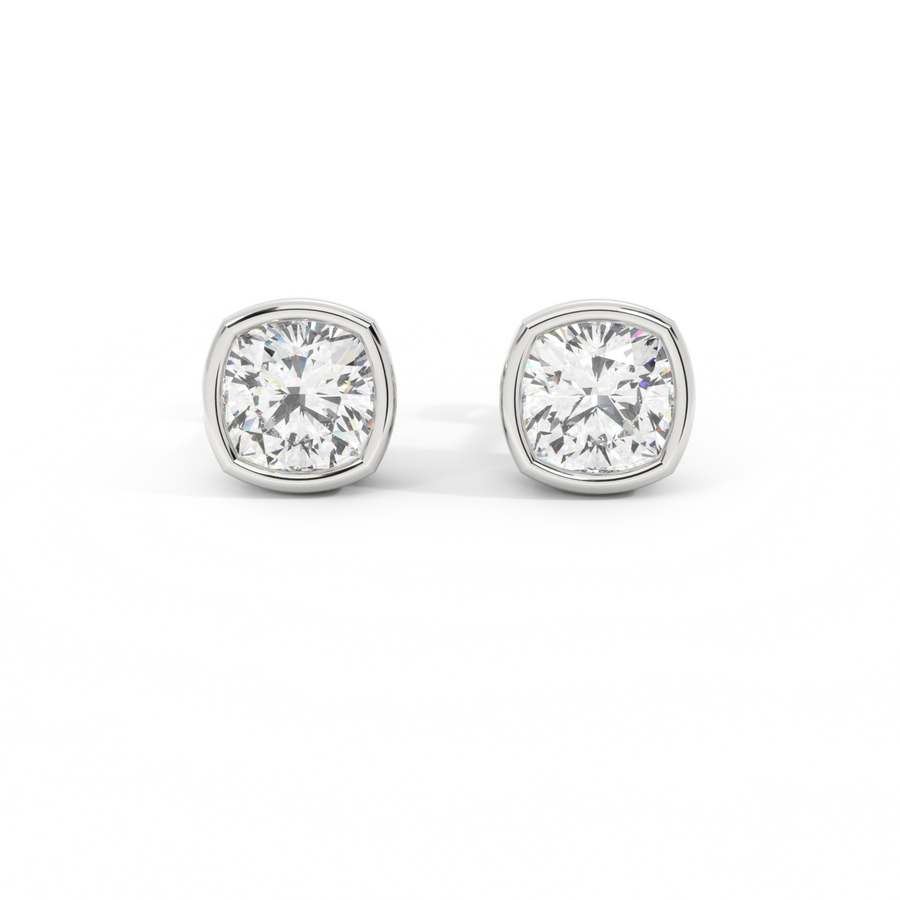 14k Bezel Stud Earrings, Cushion, White Gold