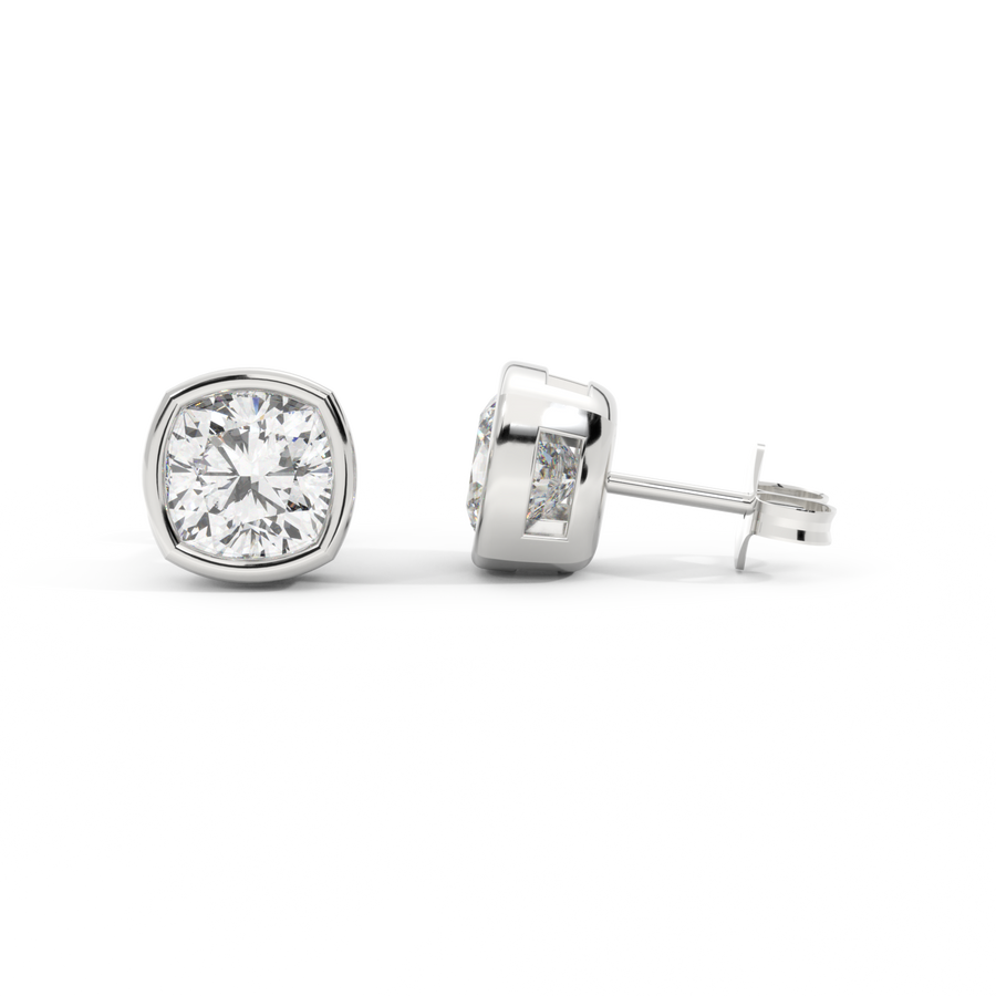 14k Bezel Stud Earrings, Cushion, White Gold