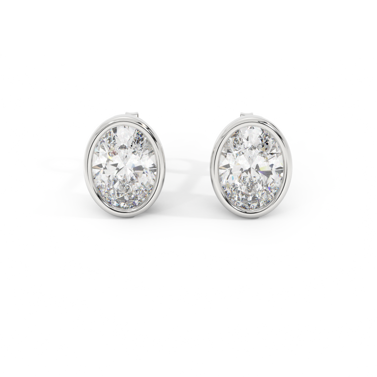 14k Bezel Stud Earrings, Oval, White Gold