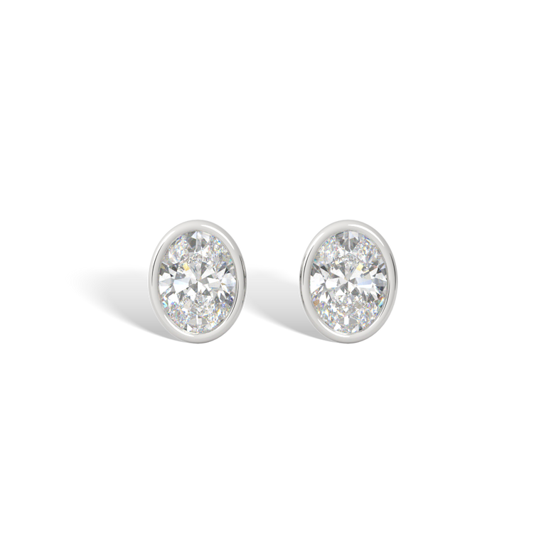 14k Bezel Stud Earrings, Oval, White Gold