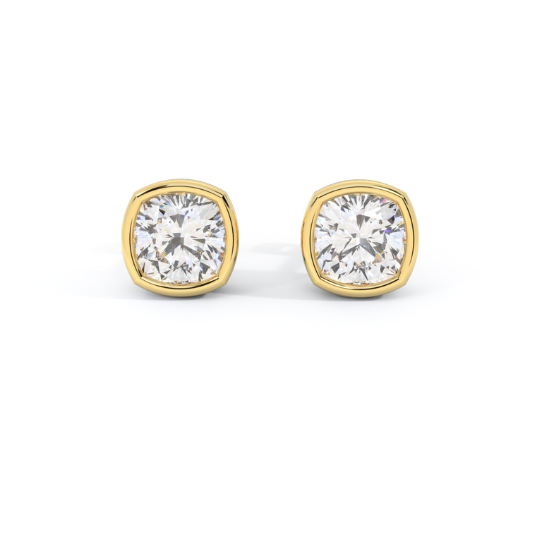 14k Bezel Stud Earrings, Cushion, Yellow Gold