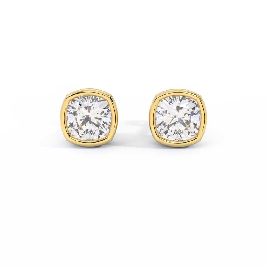 14k Bezel Stud Earrings, Cushion, Yellow Gold