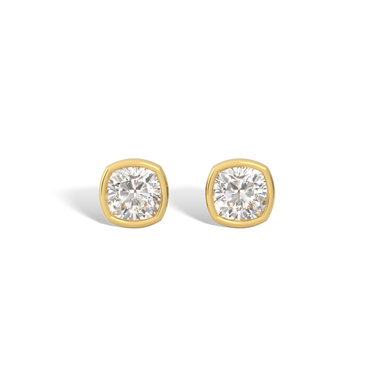 14k Bezel Stud Earrings, Cushion, Yellow Gold