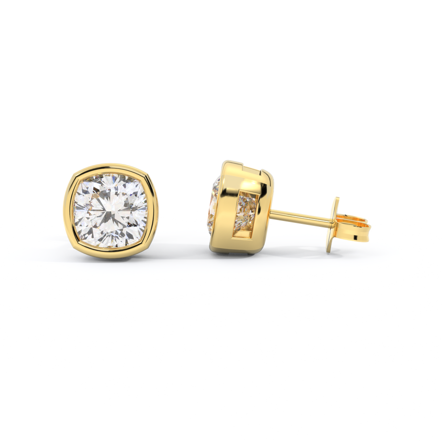 14k Bezel Stud Earrings, Cushion, Yellow Gold