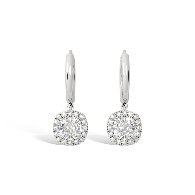 14k Halo Drop Earrings, Cushion, White Gold