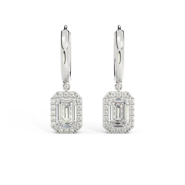 14k Halo Drop Earrings, Emerald, White Gold