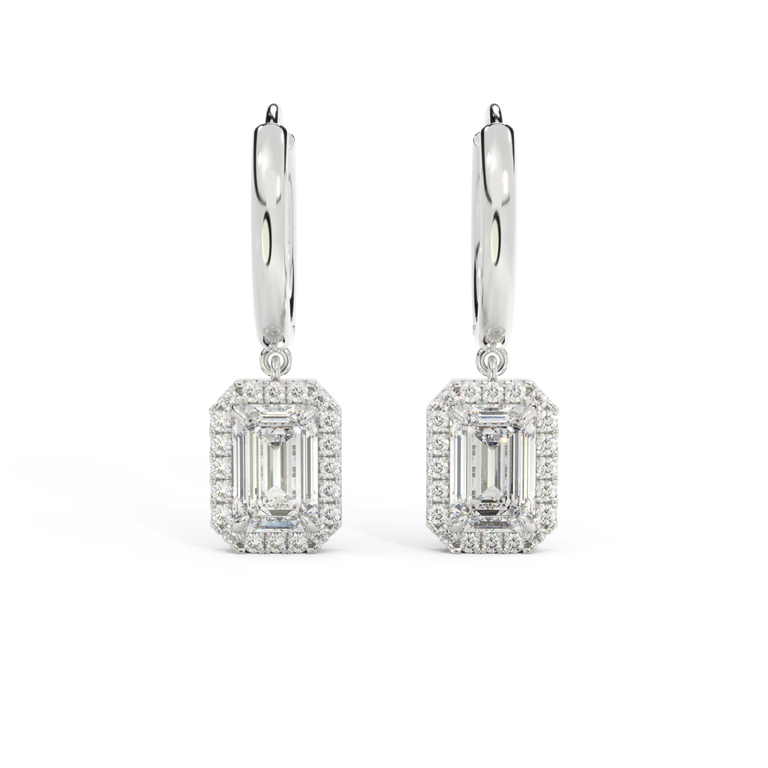 14k Halo Drop Earrings, Emerald, White Gold